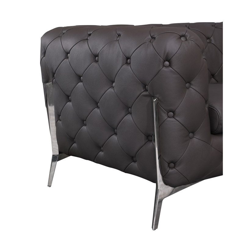 Ehrika Top Grain Italian Leather Loveseat, Brown, Silver