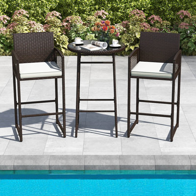 Winston Porter 3 Piece Wicker Patio Bar Set with 2 Seat Cushions Glass Tabletop for Backyard