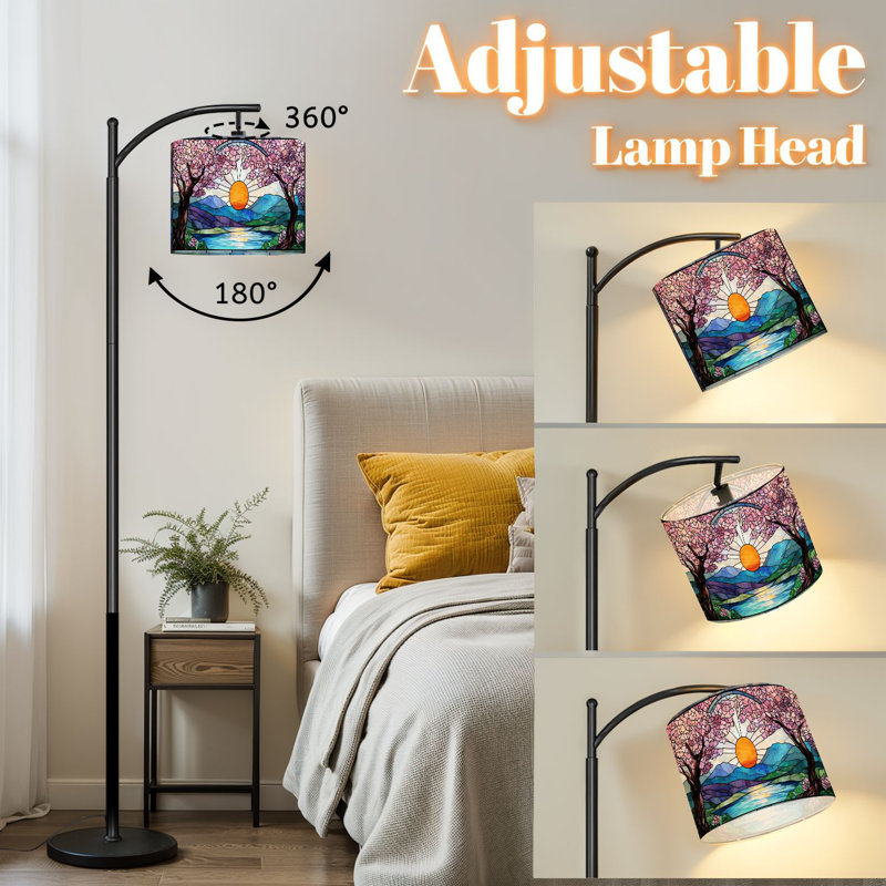 Arc Floor Lamp with Adjustable Lampshade Cherry Blossom Trees Mountain Standing Lamp 3 Color Temperatures Dimmable Tall Pole Lamp with Foot Switch for Bedroom