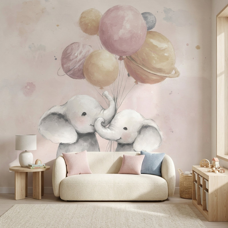 Papier peint pour éléphants, motif pastel fantaisiste., 120"x96", Non-Woven Nonpasted