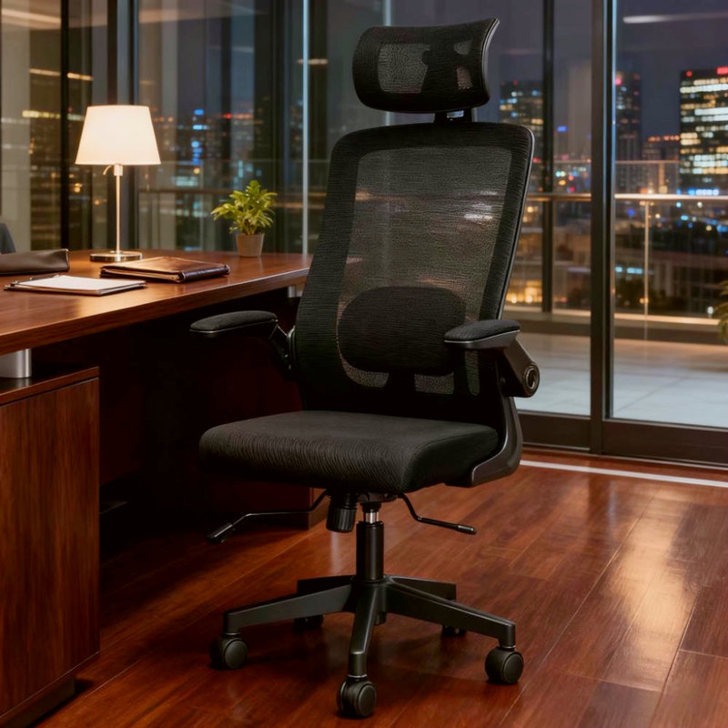 Chaise de bureau en filet, chaise de bureau avec accoudoirs rabattables, appui-tête rotatif, support lombaire réglable