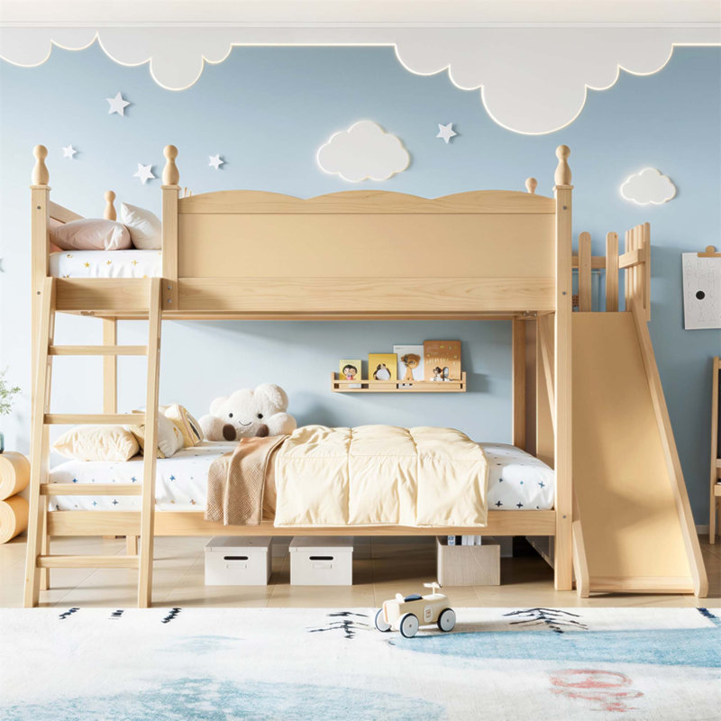 Lit superposé double avec tablettes de rangement, fabrication en bois massif, glissières et échelles, conception à profil bas pour plus de sécurité et de plaisir (sans matelas)