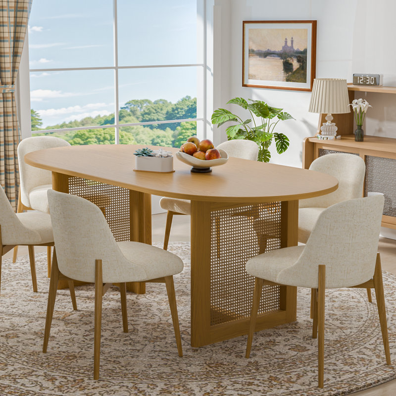 Wood Dining Set With Oval Table And Upholstered Chairs-B, 30" H x 67" L x 33.5" W, Natural Wood