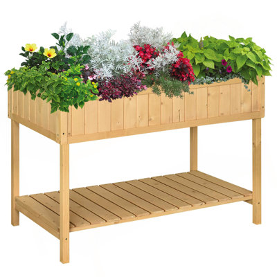 Outsunny 43X18x30in Raised Garden Bed With 8 Pockets And Shelf/ Wooden Elevated Planter Box With Legs To Grow Herbs/ Vegetables/ And Flowers/ Natural