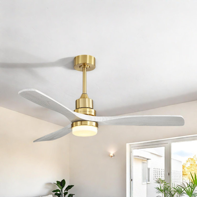 52 Inch Ceiling Fan With LED Light and Remote, 6 Speed with Reversible DC Motor, Gold, Washed wood