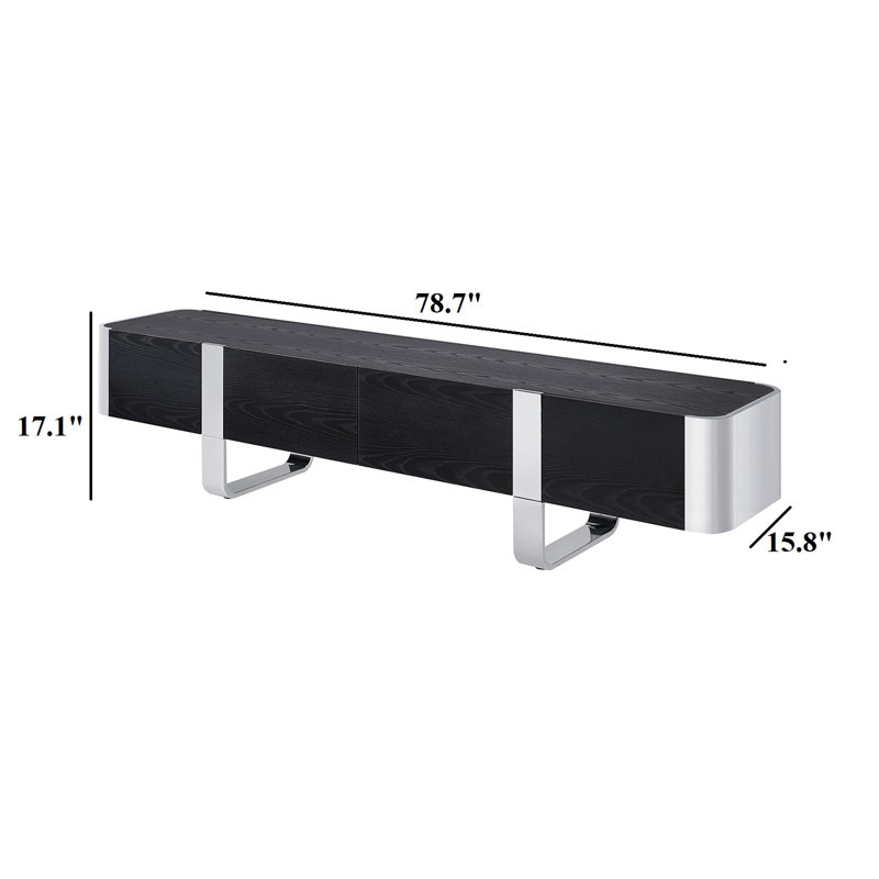 Meuble télé monobloc avec porte à fermeture douce, patins en acier inoxydable, noir et argent, Noir