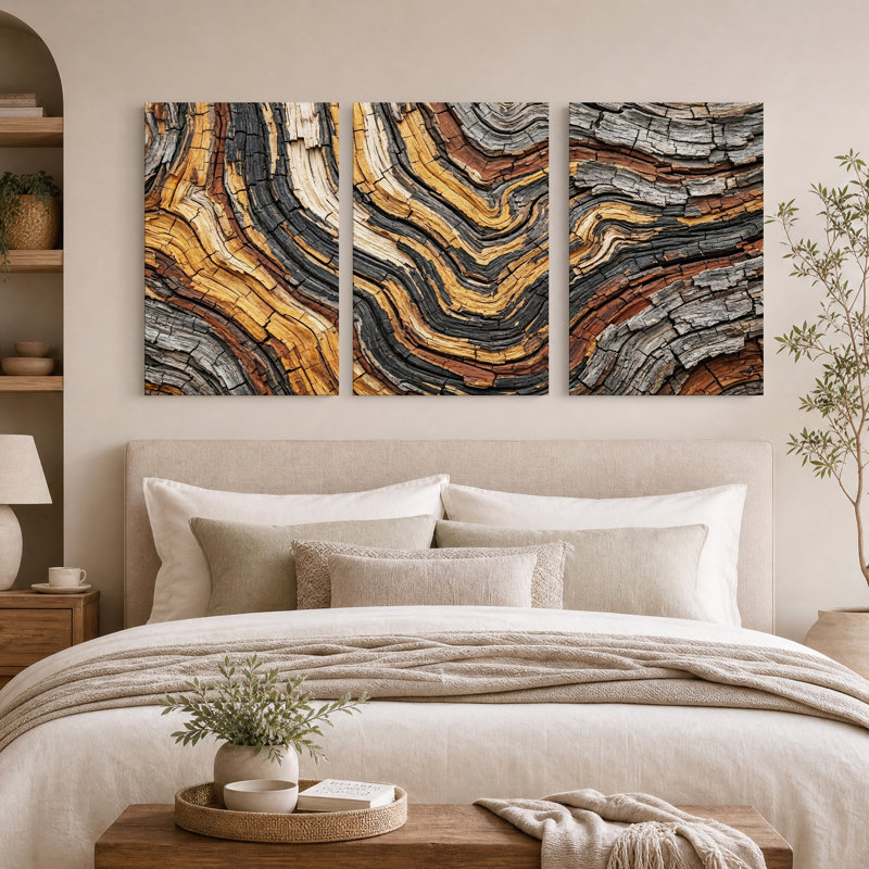 "Wavy" brun et noir, texture de grain de bois noir, ensemble de 3 toiles, H 30 po x l 20 po x 3 pièces