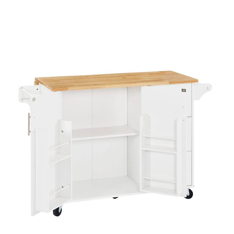 Multipurpose Kitchen Island Cart With Open Spice Rack And Storage, 2 Locking Usage, White