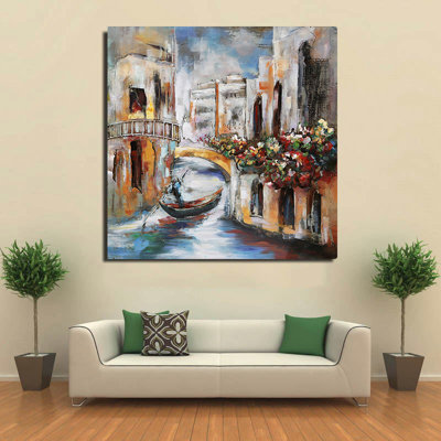 Peinture de Venise en gondole, art mural mixte, peinture sur métal et bois
