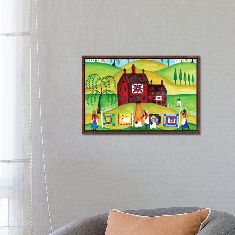 Red Barn Quilt House by Cheryl Bartley - Painting on Canvas, Classic Brown Wood Framed, 45.72cm H x 66.04cm W x 3.81cm D