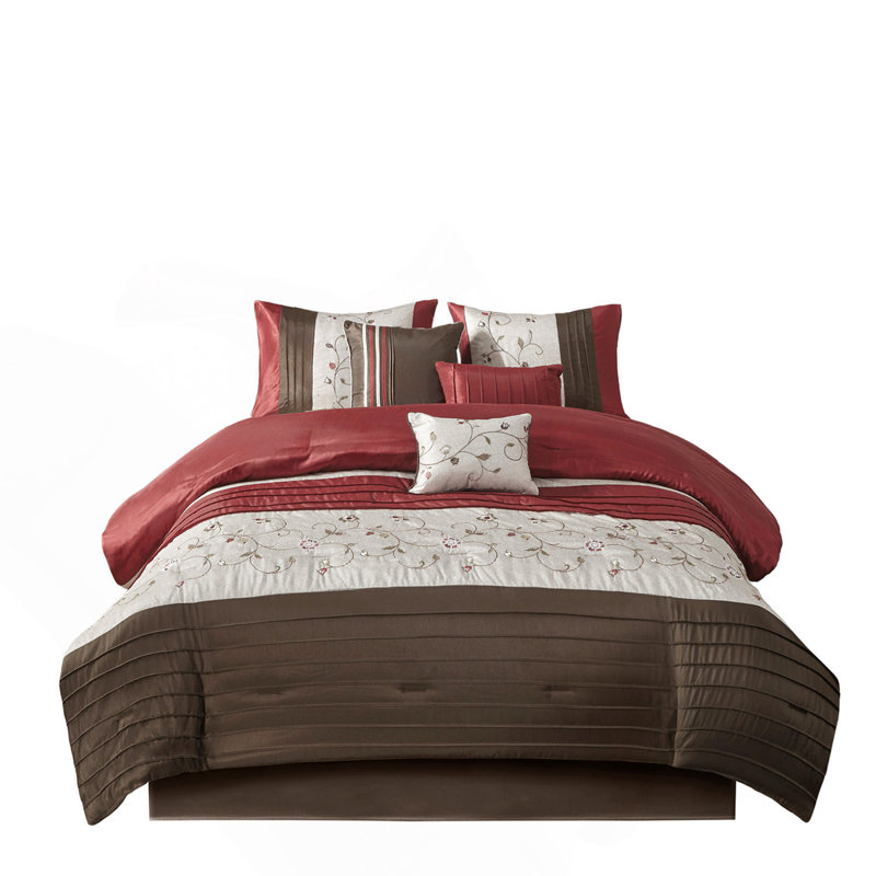 Elegant 7 Piece Comforter Set With Embroidered Floral Details And Hypoallergenic Polyester Filling, For Queen Beds