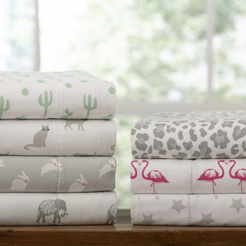California King White Cotton Flannel Elephant Print Sheet Set