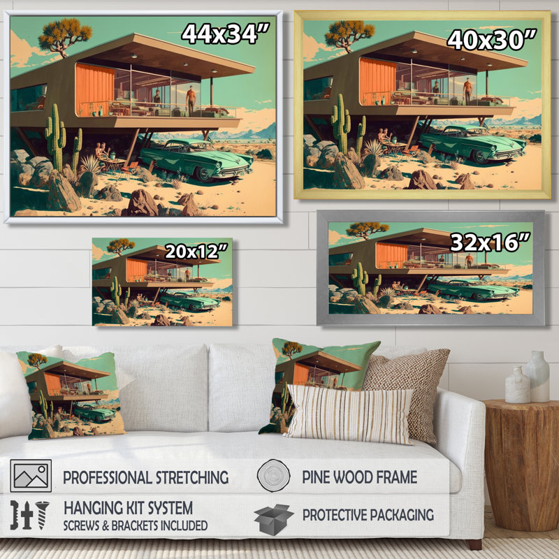 Green Car Mid Century Retro Architecture - Car Exotic Wall Art Decor, 12" H x 20" W x 1" D, Black Floater Framed Canvas