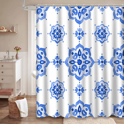 Blue Style Seamless Watercolor Navy Shower Curtain with 12 Hooks