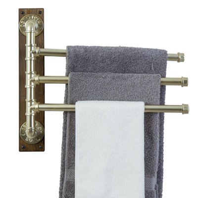 3-Bar Swivel Towel Rack, Wall-Mounted Wood and Brass Tone Metal Bathroom Towel Holder