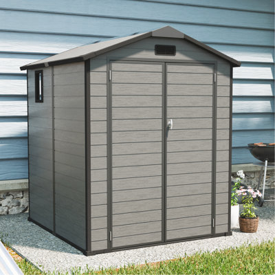 Remise de rangement extérieure en plastique 6 x 6 pi - Remise à outils verrouillable en résine avec fenêtre et plancher, gris foncé