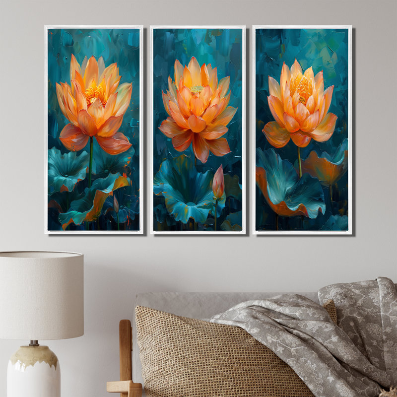 Orange vif et bleu éclatant de lotus I - Collection d'art mural Lotus, H 40 po x l 60 po, Impression encadrée flottante