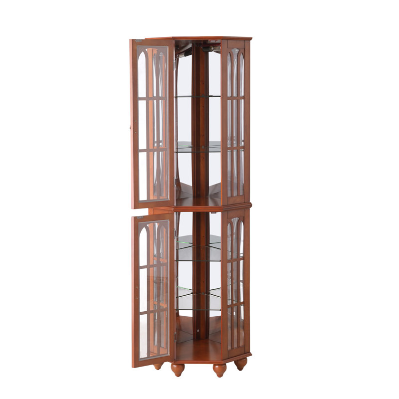 Vitrine de coin 70,62 "avec tablettes réglables en verre et pieds en bois massif, couleur noyer 4 lumières, Noyer