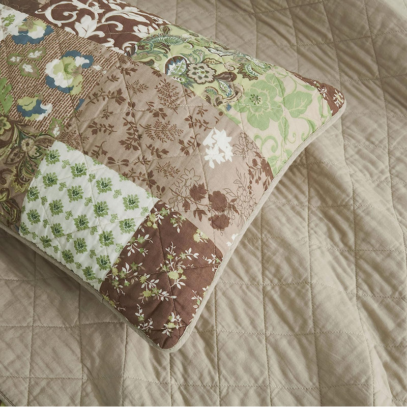 Boho Washed Cotton Floral Printed Patchwork Quilt Set, Queen Quilt + 2 Standard Shams, Brown/Taupe/Green/White