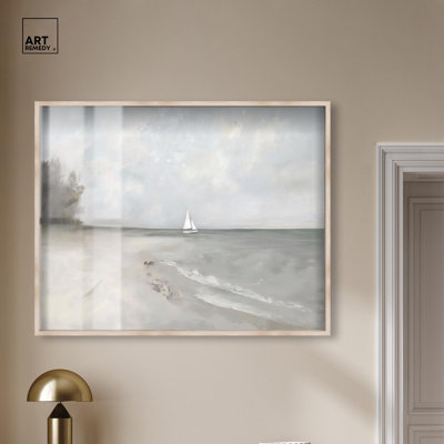 «Sail on Silver Sea Shadowbox», art côtier rétro par Art Remedy, cadre blanc, 45 x 36