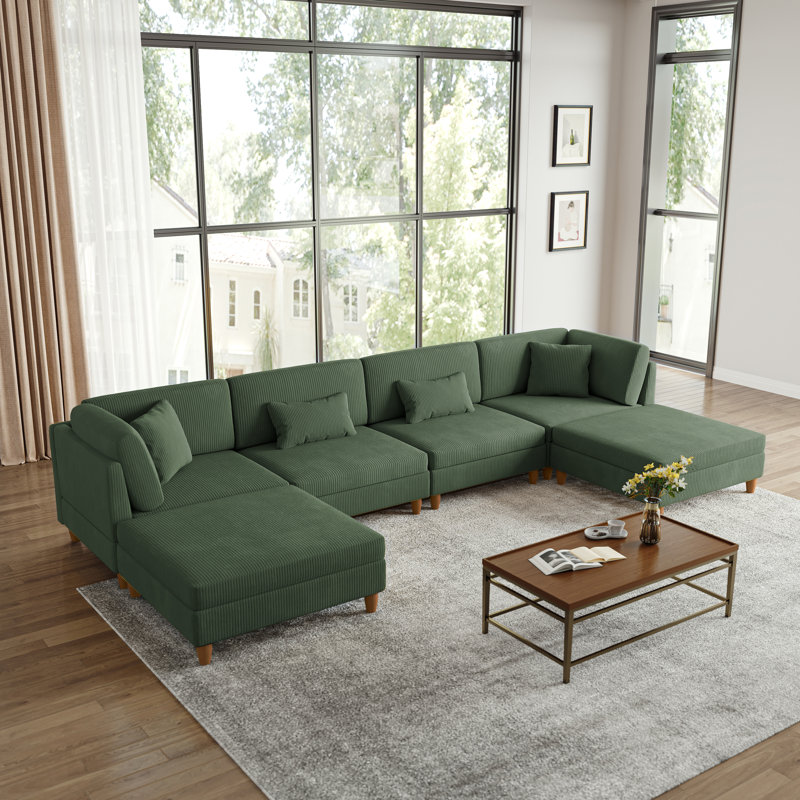 Seemab 6 - Piece Upholstered Green Corduroy Modular Sectional with Pillow Back and Removable Ottoman, Green