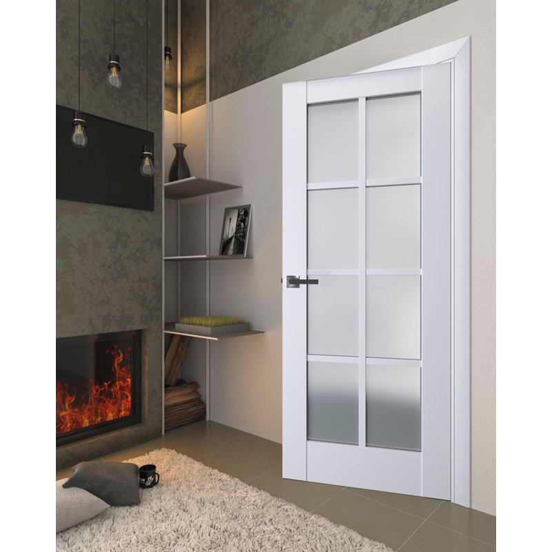 Porte intérieure française pleine prémontée, verre dépoli, Veregio 7412 Blanc Soie, panneau simple standard, cadre, poignées, pour salle de bain ou chambre, portes robustes - 91,4 cm x 243,8 cm