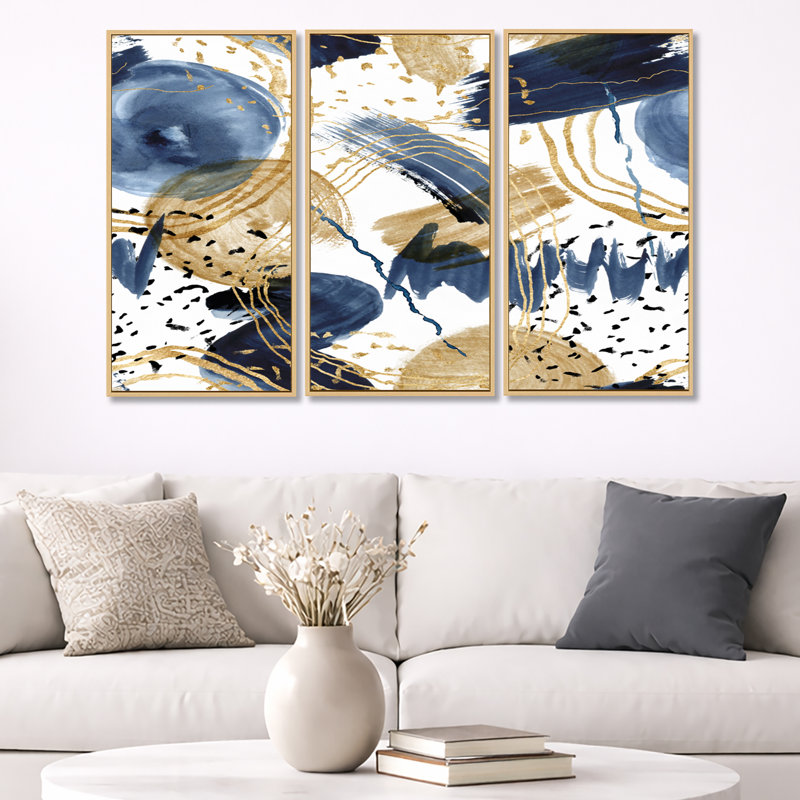 Motif abstrait avec textures bleu foncé et or - ensemble d'art moderne sur toile encadrée moderne de 3, Érable