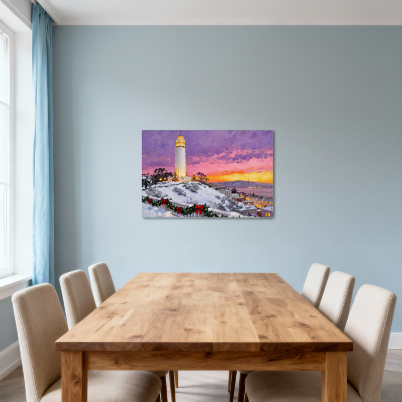 Scène de Noël au coucher du soleil avec la neige et les lumières, H 12 po x l 18 po