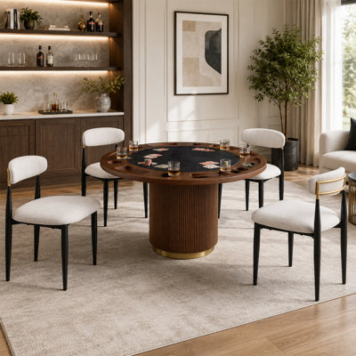 5-Piece Contemporary Game Dining Table Set With 4 Upholstered Chairs, 52" Round Poker Table With Cup Holders, Reeded Base With Gold Accent, Convertible Game & Dining Combo For 4 Players