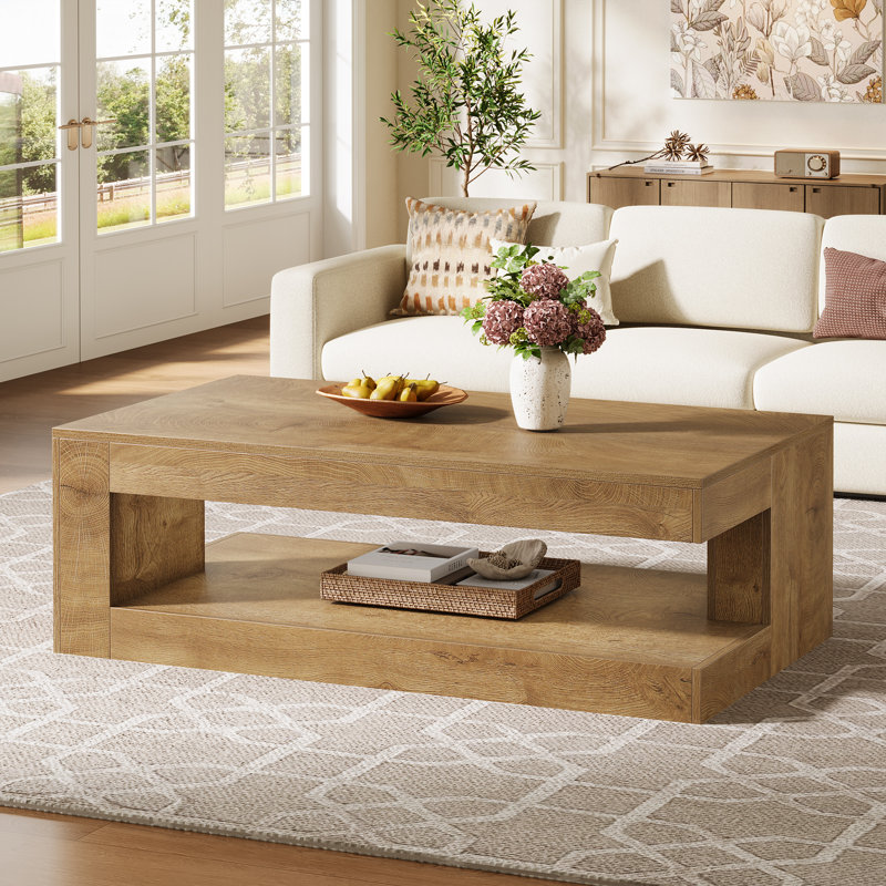 47.24'' Rectangular Coffee Table For Living Room, Farmhouse 2-tier Accent Centre Tea Cocktail Table With Storage, Oak Brown