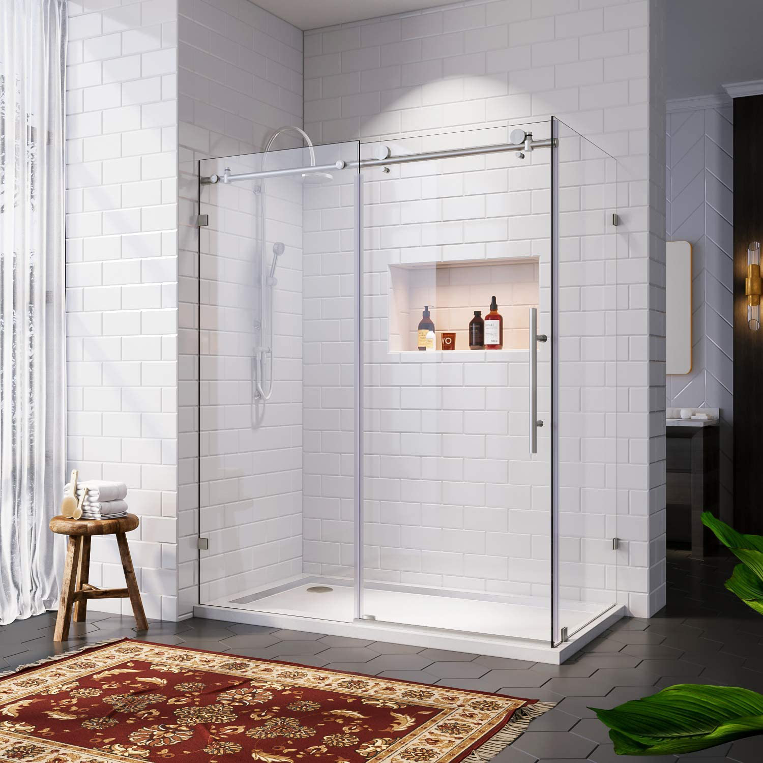 VTI 60 W X 36 D X 72 H Frameless Sliding Shower Enclosure With 3/8  Clear Tempered Glass, Brushed Nickel