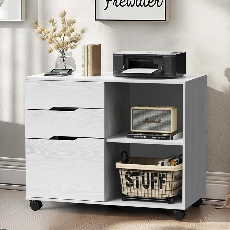 Classeur à 3 tiroirs, classeur latéral mobile en bois avec roulettes, support d'imprimante et tablettes ouvertes pour l'organisation de bureau à domicile sous le bureau - Blanc (armoire)
