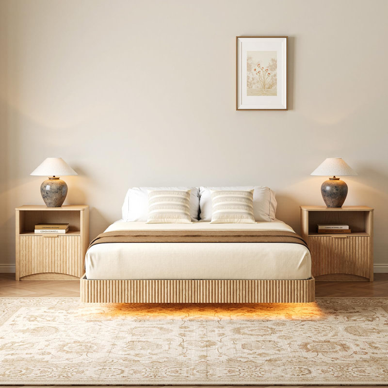 Queen Floating Bed Frame With Led Lights, Modern Fluted Floating Bedframe With Metal Slats, Ivory