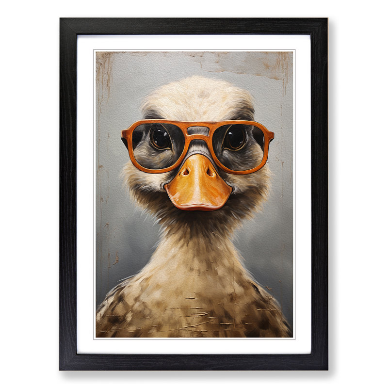 Duck With Glasses Painting - Single Picture Frame Print on Wood, Black Framed, 64cm H x 46cm W