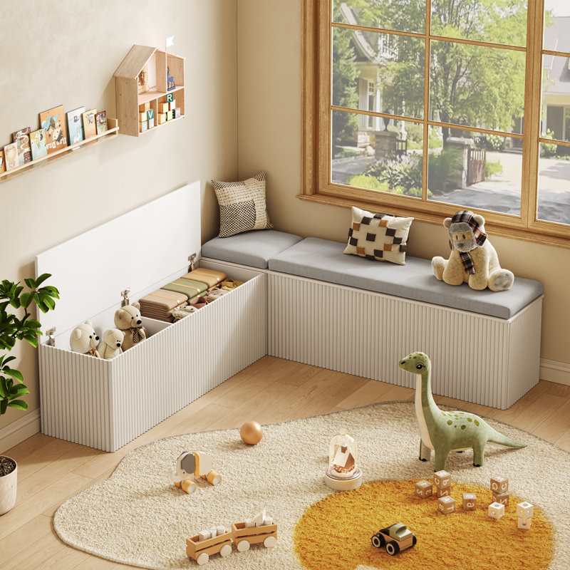 Banc de rangement en L en forme de L avec sièges rembourrés, bancs de coin-repas avec rangement caché, blanc, Blanc