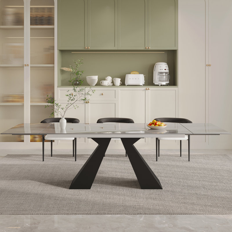 Modern Extendable Sintered Stone Dining Table With 8 Boucle Upholstered Chairs Set, Gray