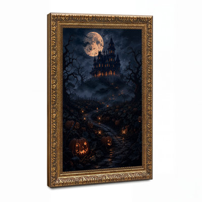 Haunted House On Hill With Glowing Pumpkins And Halloween Canvas Wall Art