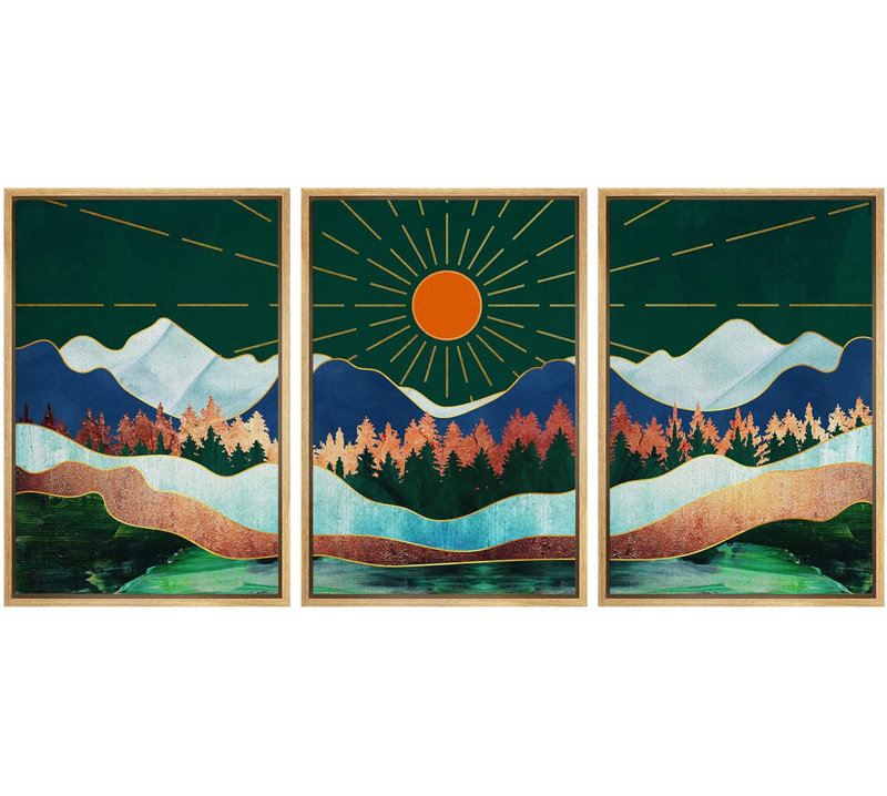 " Shinin Orange Sun & Granite Texture Landscape Nature Wilderness Modern Art Rustic Scenic Colourful " 3 - Pieces, Naturel