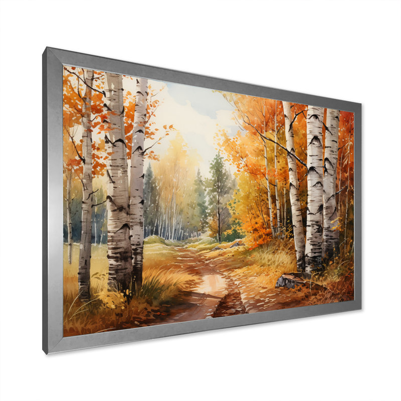 Birch Woods Gilded Pathway III sur toile, H 24 po x l 32 po x P 1 po, Cadre photo argenté