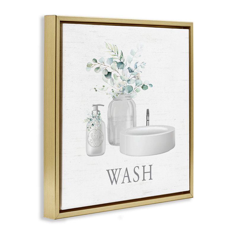 "Fresh Bathroom Sink Botanicals", art mural encadré sur toile flottante, H 18 po x l 18 po, Cadre flottant gris lustré
