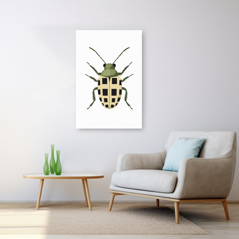 Checkered Green Beetle Minimalist Modern Beetle Nature Wildlife Wall Art Print by Mathieu - Wrapped Canvas Print