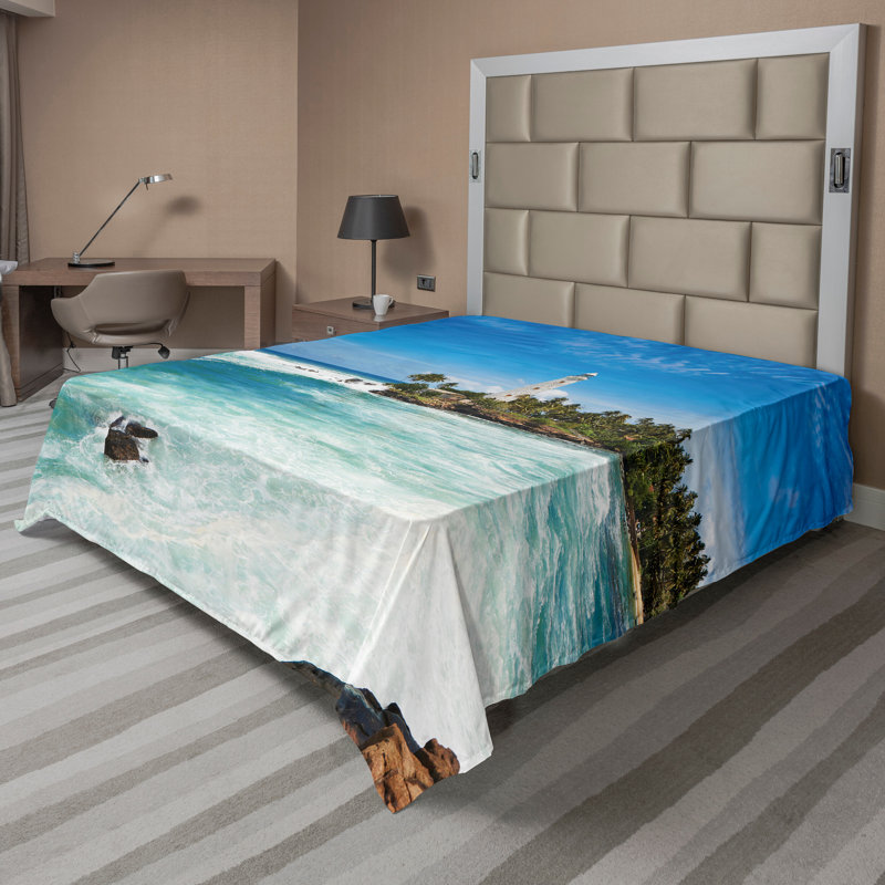 Drap de dessus de phare Ambesonne Palms Beach Bord de mer Bleu Blanc Vert, Drap plat pour très grand lit californien