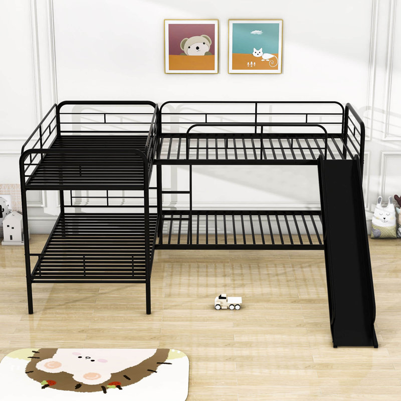 Alfortville Twin Over Twin Metal L-Shaped Bunk Beds with Slide, Black