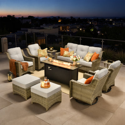 10-Piece Wicker Patio Conversation Set with Swivel Rocking Chairs and 50,000 BTU Fire Pit Table
