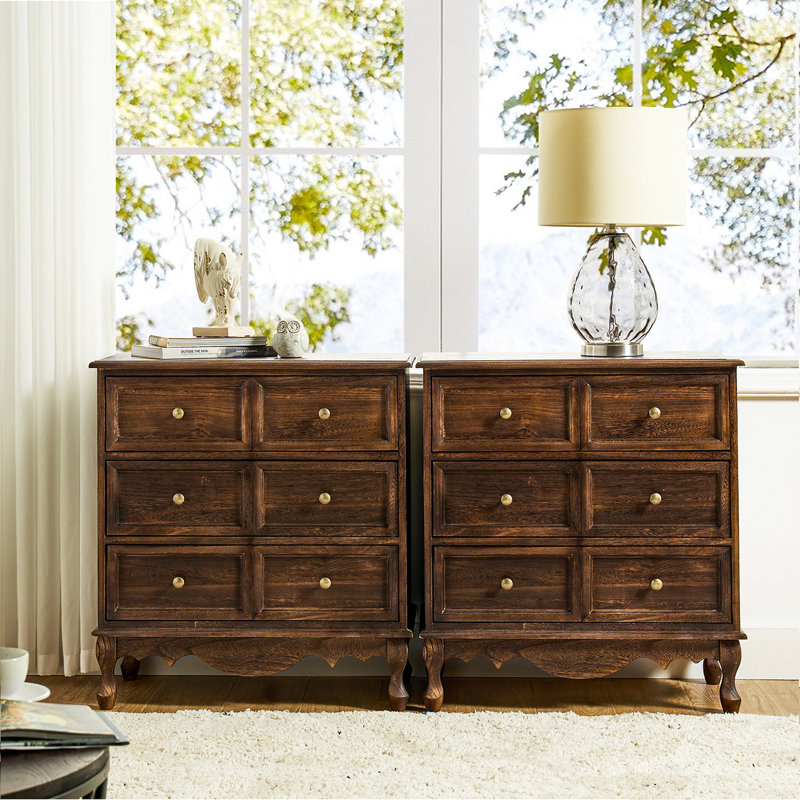 Hippe 71.12cm Wide Country Solid Wood Rectangle Accent Cabinet with Faux Six-Drawer Front Set of 2, Walnut