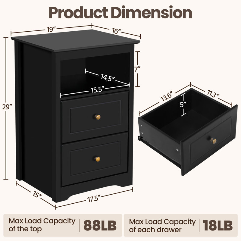 Anitrea 2-Drawer Wooden Nightstand with Open Shelf, Black