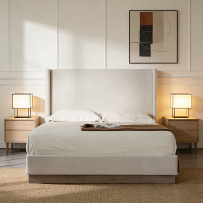 Lit à oreilles tapissier avec tête de lit haute Hosford, design minimaliste, charme rustique, aucun sommier tapissier, toile ivoire texturée, sommeil silencieux