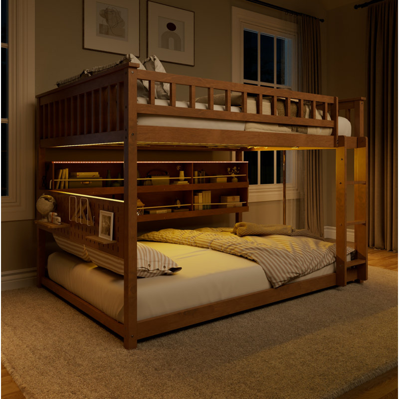 Lit superposé double au-dessus de double avec tablettes intégrées, lumières à changement de couleur et panneau perforé, brun