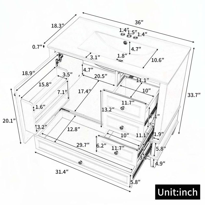 Meuble-lavabo 36 po avec lavabo en céramique, Gris/argent