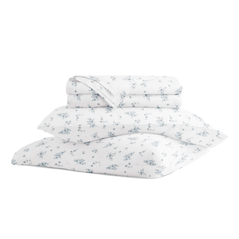 Ensemble de draps 100% satin de coton, Ensemble de draps pour lit simple avec 1 taie d'or, Bouquet bleu clair Bliss